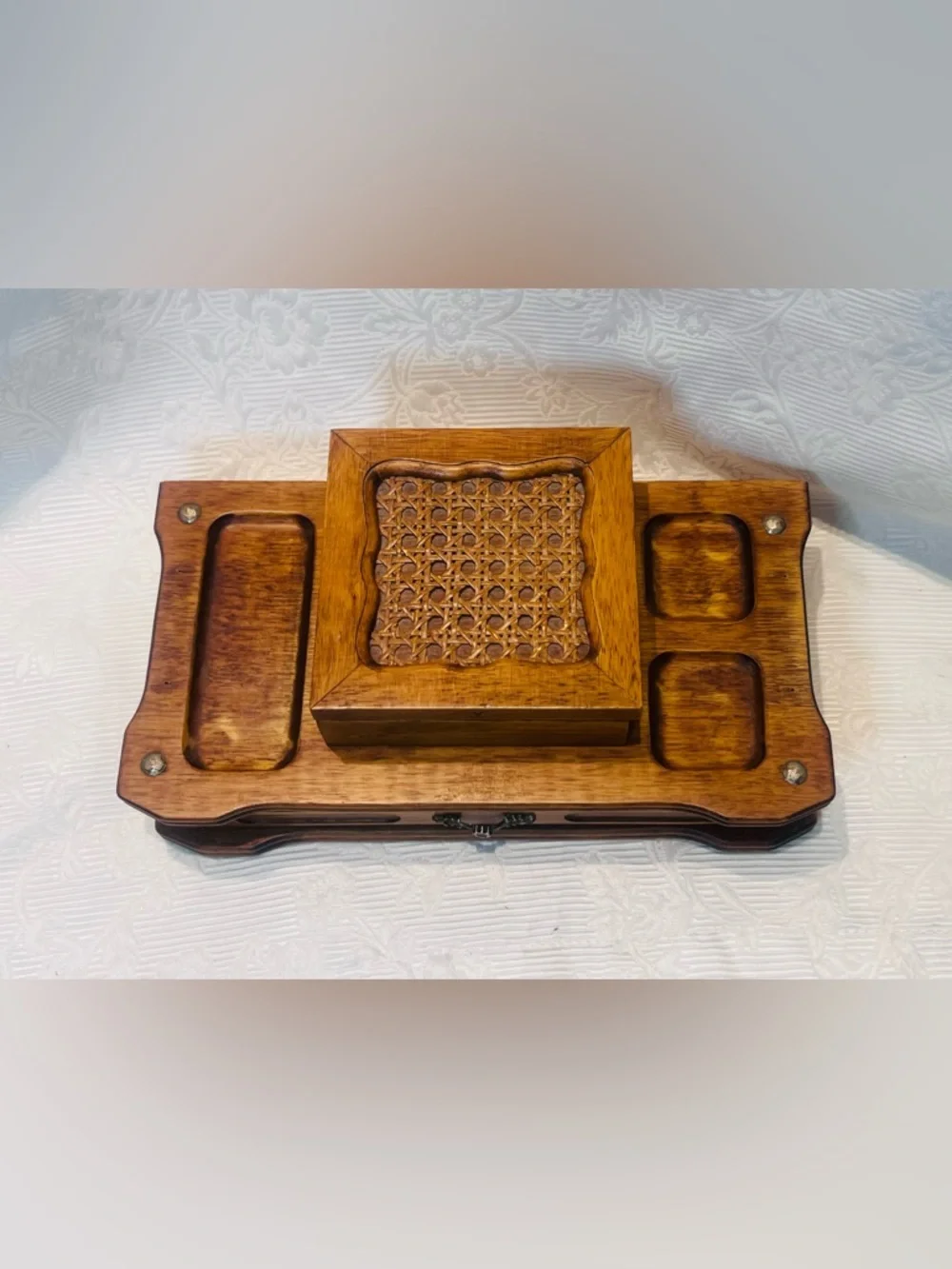 Vtg Wood Jewelry Chest Box Dresser Top Trinket Wicker Retro Multiple Compartment
